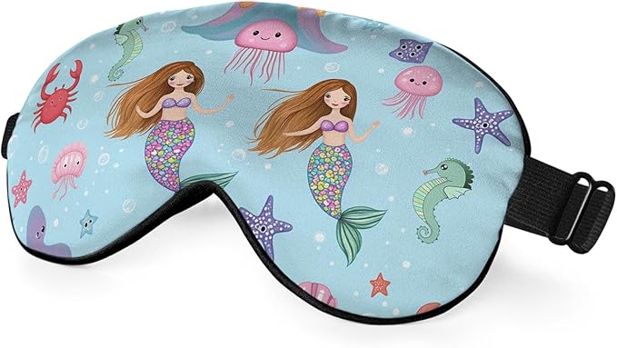 Sea Wildlife Sleep Eye Mask Mermaid Seahorse Fishes Starfish Crab Jellyfish Cartoon Silk Eye Mask Sleeping Soft Eye Shade Cover for Men Women Boy Girl Airplane Travel