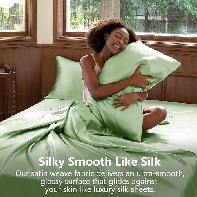 CozyLux Satin Sheets King Size Sheet Set - 4 Piece Silky King Sheets, Luxury Sage Green King Bed Set with Smooth and Soft Microfiber, Includes 1 Fitted Sheet, 1 Flat Sheet and 2 Pillowcases