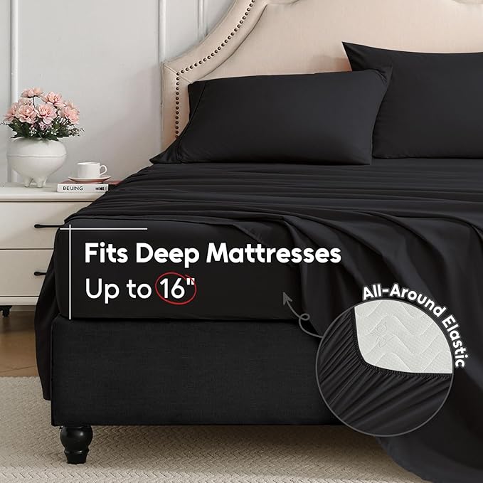 King Size Sheets Set, 4 Pieces Hotel Luxury Soft Microfiber Bed Sheets Set, Up to 16" Deep Pockets, Oeko-Tex Sheets with Elastic, Breathable, Wrinkle Free(Black,King)