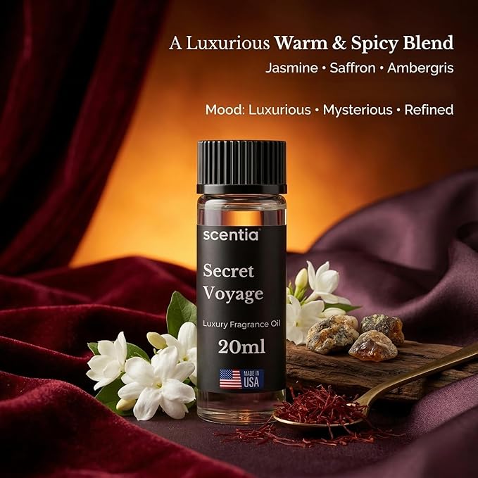 Scentia Secret Voyage Amber Fragrance Oil for Diffusers – Luxury Jasmine & Saffron Home Scent with Cedar & Ambergris – Diffuser Oil for Ultrasonic, Cold Air & Waterless Diffusers – 20 ml (0.67 fl oz)