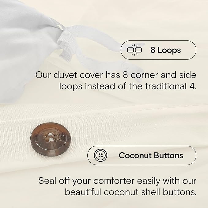 DOZ 100% Long Staple Cotton Duvet Cover Set, Soft Sateen Weave, Smooth, Breathable, Hotel Comfort, 106"x90", 8 Loops, 3pc – 2 Pillowcases 1 Duvet Cover (Ivory, King/Cal King)