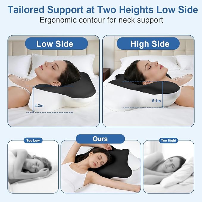Butterfly Cervical Memory Foam Pillow, Dual-Height Design (11cm/13cm) with Skin-Friendly Breathable Fabric, Ergonomic Neck Support for Sleep Relief, Black & White
