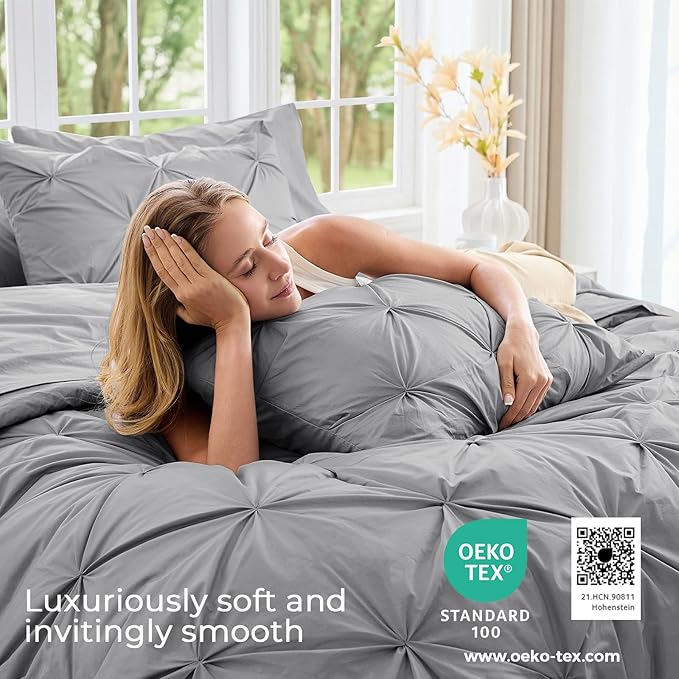 Sasttie Full Size Comforter Set, 7-Piece Bed in a Bag, Pintuck Bedding Sets for All Season, Includes Comforter, Flat Sheet, Fitted Sheet, Pillowcases and Pillowshams, Light Grey