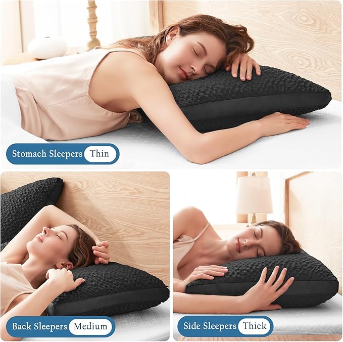 Side Sleeper Pillow for Adults, Adjustable Shredded Memory Foam for Neck and Shoulder Pain, Curved Cooling Gusseted Bed Pillows for Hot Sleepers, Washable Cover & Extra Foam Bag, Black Standard Size