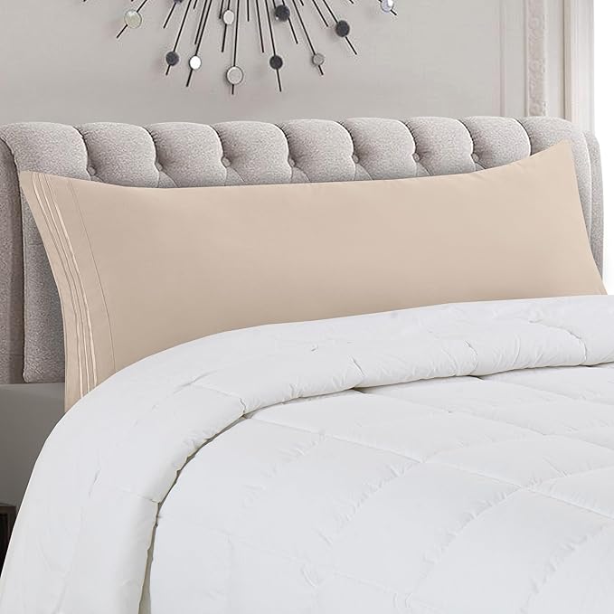 Mocassi 1-Piece Premium Body Pillowcase 1800 Series Hotel Quality Microfiber - Soft and Breathable with 3-Line Embroidery Wrinkle and Stain Resistant, Easy Care, 21" x 54", Cream