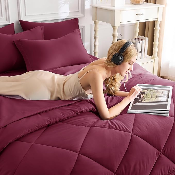 CozyLux Oversized King Comforter Set Burgundy - 7 Pieces Bed in a Bag Comforter Set with Sheets, Luxury Soft Bed Set, Bedding Set with Down Alternative Comforter, Sheets, Pillowcases & Shams, Red
