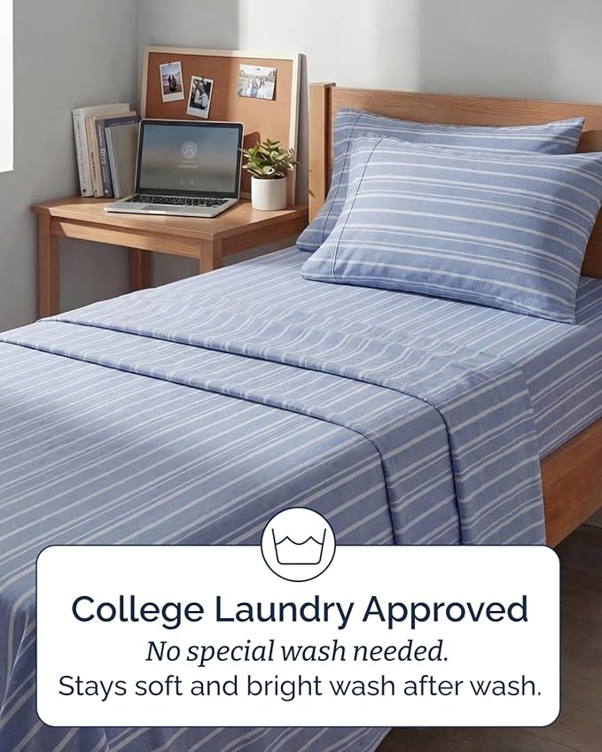 Extra Deep Twin XL Sheet Set - 4 Piece Breathable and Cooling Sheets - Hotel Luxury Bedding for Women, Men, Kids & Teens - Easy Secure Fit - Soft & Wrinkle Free with Extra Deep Pockets - Blue Stripes