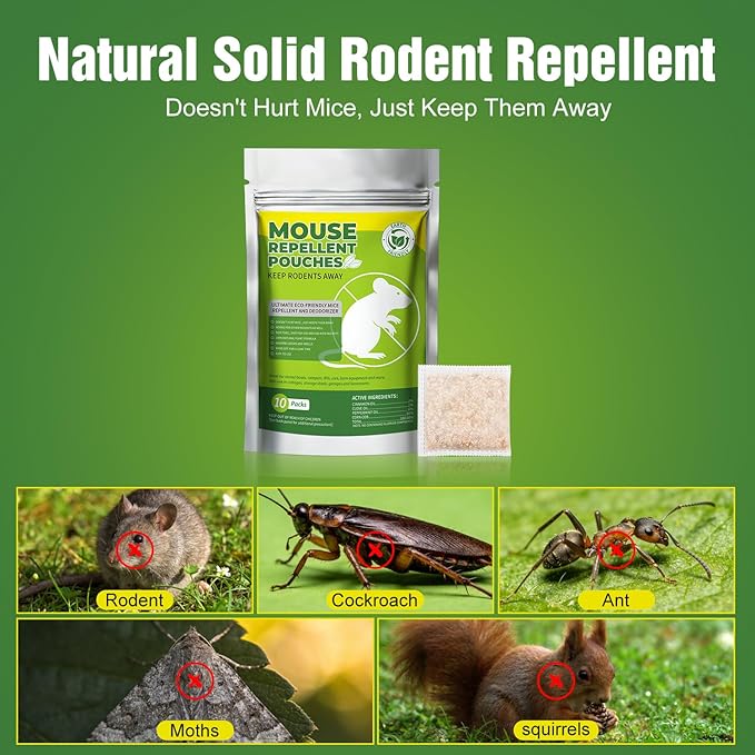 10 Packs Mice Repellent Pouches, Peppermint Oil Rodent Repeller, Natural Pest Control for Rats Squirrels Insects, Indoor Outdoor Mouse Deterrent, Pet & Family Safe Alternative to Traps & Poison