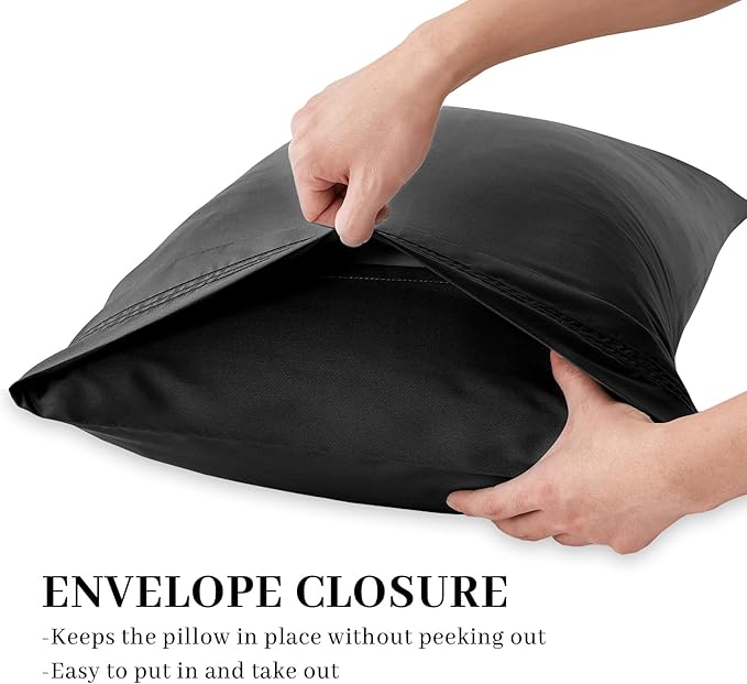 YIYEA Pillow Cases Standard Size Set of 4, Ultra Soft 1800TC Hotel Quality Double Brushed Microfiber Embroidered Pillowcases, Envelope Closure, Fade Resistant (20"x26", Black)