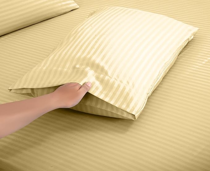 ROYALE LINENS 4 Piece Cal King Sheets Set - Soft Brushed Microfiber Bedding - 1 Fitted, 1 Flat Sheet, 2 Pillow Cases - Wrinkle Free & Fade Resistant - Hotel Luxury Bed Sheets (Stripe Sand, Cal King)