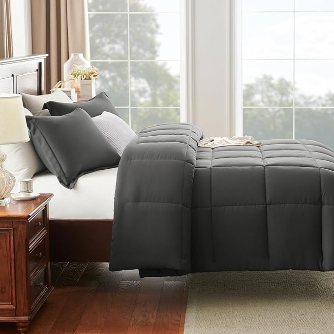 CozyLux Queen Comforter Set - Dark Grey Comforter Queen Size, 3 Pieces Box Stitched Bed Set for All Seasons, Soft Lightweight Bedding Sets with 1 Down Alternative Comforter and 2 Pillow Shams