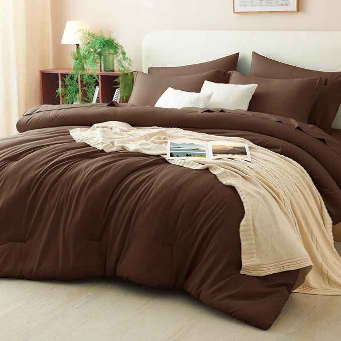 CozyLux Oversized Queen Comforter Set Brown, 7 Pieces Bed in a Bag Comforter Set with Sheets, Luxury Soft Bedding Sets with Down Alternative Comforter, Fitted Sheet, Flat Sheet, Pillowcases & Shams