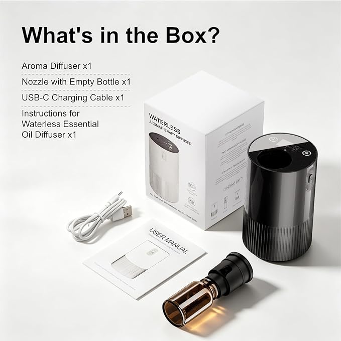 ASAKUKI Waterless Diffuser Essential Oils,Portable & Cordless Design,Adjustable Mist Levels and Timer,0.34 fl. oz. / 10 ml,Built-in Rechargeable Battery,Essential Oil Diffuser for Home,Car and Room