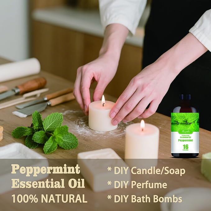 Peppermint Essential Oil – MLYNKL Peppermint Oils 16.33 fl oz for Diffusers, Humidifiers, Massage, DIY Candles, Soap, Cleaning, Home, Yoga, Office, Gifts - 490 ml