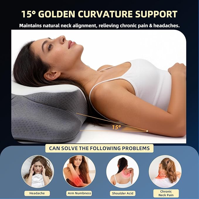 Ergonomic Memory Foam Pillow for Neck Pain - Cooling Pillow with 5-Zone Support for Side & Back Sleepers, Adjustable Height, Cervical Spine Alignment, Certified Safe Materials (Queen Size)