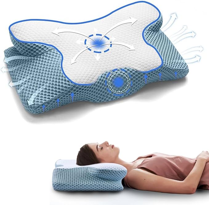 Cervical Memory Foam Pillow, Contour Pillows for Neck & Shoulder Pain, Ergonomic Orthopedic Sleeping Neck Contoured Support Pillow for Comfortable Side & Back Sleepers (Blue with White)
