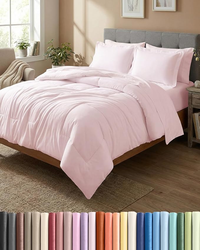 Full Comforter Set - 7 Piece Bed in a Bag Full Size Bed Set - Down Alternative Comforter, Flat Sheet, Fitted Sheet, Pillowcase & Shams for All Seasons - Ultra Soft, Comfy & Breathable - Lavender Pink