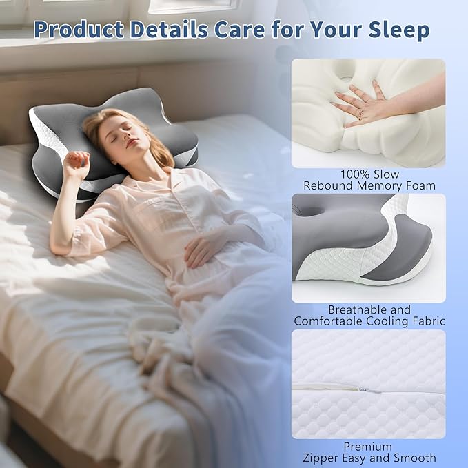 Memory Foam Cervical Pillow - Cooling Side Sleeper Pillow for Sleeping, Ergonomic Memory Foam Pillows for Neck Support, Contour Orthopedic Bed Pillow for Back Stomach Sleepers (Grey)