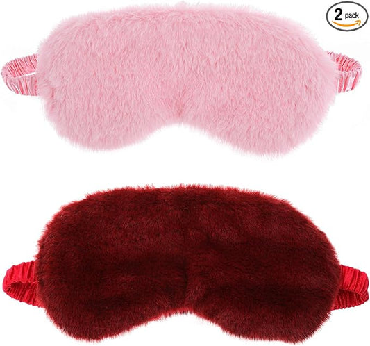 2 Pcs Plush Eye Mask Soft Sleeping Blindfold Eye Cover Comfortable Furry Faux Fur Sleeping Mask Satin Nap Night Eyeshade Cover for Women Men Gift (Pink, Red)