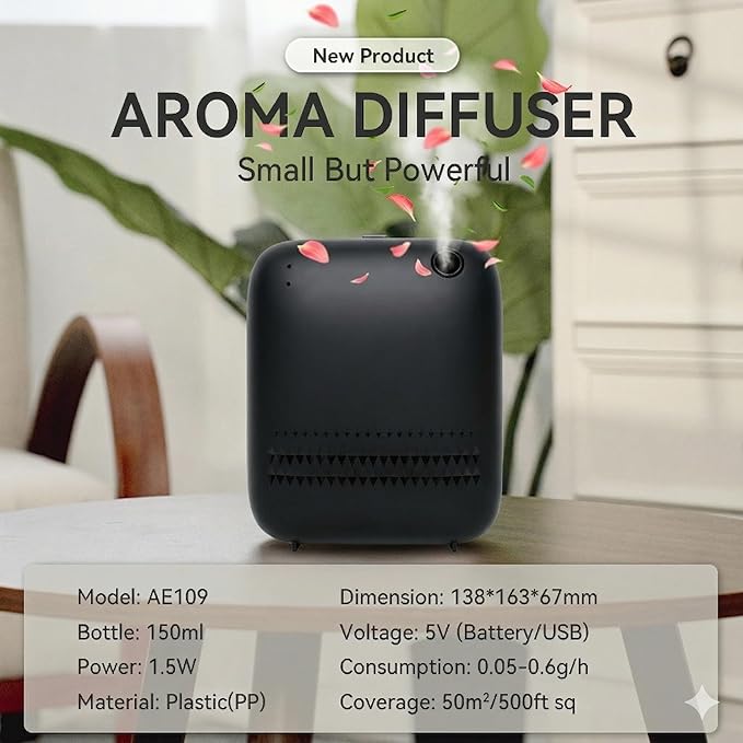 Waterless Essential Oil Diffuser, Smart Cold Air Scent Machine 500 Sq.ft for Home & Hotel, Wall Mounted, USB/Battery Operated, 150ml Nebulizing Aromatherapy Diffuser for Large Room, Black