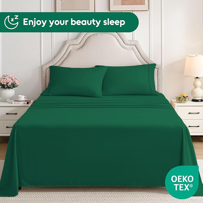 Twin Sheets Set, 3 Pieces Hotel Luxury Soft Microfiber Bed Sheets Set, Up to 16" Deep Pockets, Oeko-Tex Sheets with Elastic, Breathable, Wrinkle Free (Forest Green, Twin)