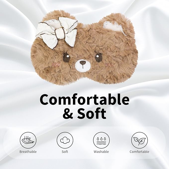 PERFECTSIGHT Sleep Eye Masks, Cute Plush Sleep Eye Cover Lightweight Adjustable Eyeshade Faux Fur Mask Cover for Women Men Sleep Travel Nap, Coffee Lace Bear