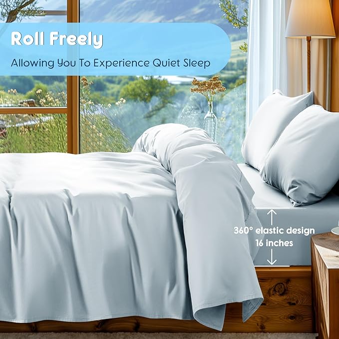 SONORO KATE 100% Egyptian Cotton Sheets Set - 1000 High Thread Count, Luxury 5-Star Hotel Sateen Bed Sheets, Soft, Breathable Long Staple Sheets, Fit up to 16" - 4 PC (Light Blue,Queen)