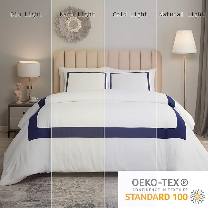 OSVINO Queen Duvet Cover Set - Hotel Collection Navy Blue Line Pattern Microfiber Bedding, 3 Pieces with Pillowcase, Soft Breathable with Zipper Closure, Lightweight All-Season, Comforter Not Included