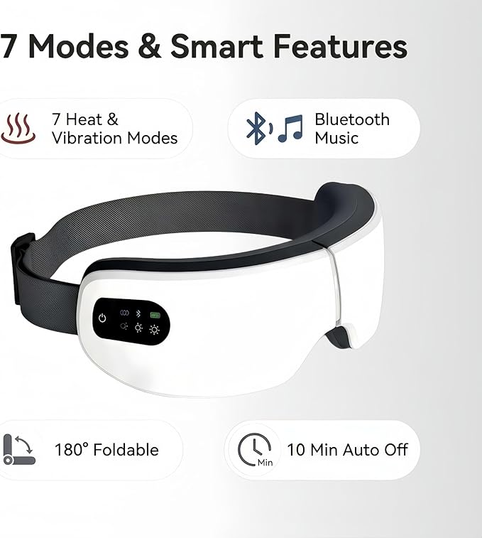 Eye Massager Mask with Heat & Bluetooth Music, 7 Modes for Migraine Relief, Sleep Improvement, Portable, Eye Mask, Gift for Women Men Friends Mom Dad Eyeris 1 White