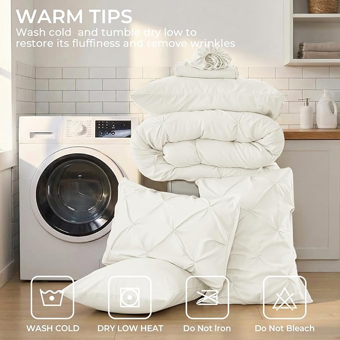 Sasttie Full Size Comforter Set, 7-Piece Bed in a Bag, Pintuck Bedding Set for All Season, Includes Comforter, Flat Sheet, Fitted Sheet, Pillowcases and Pillowshams, Ivory