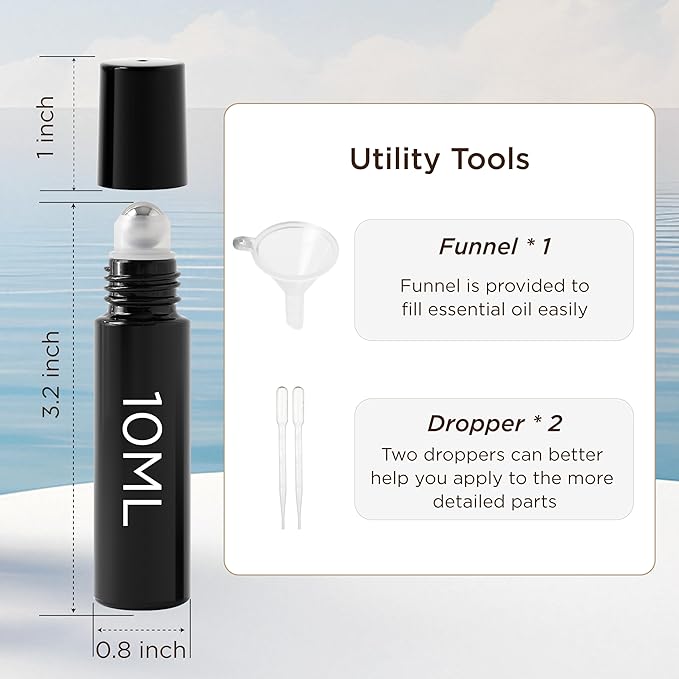 Essential Oil Roller Bottles, 10ml Thick Glass Perfume Roller Bottles with Funnel Opener and Dropper Colored Glass Empty Bottles with Stainless Steel Roller Balls (Black, 12 Pack)