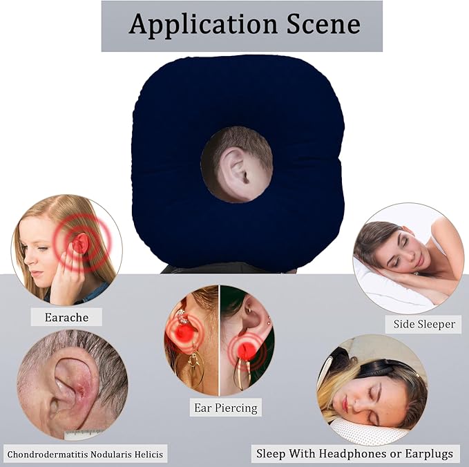 Ear Piercing Pillow for Side Sleepers, Pillow with an Ear Hole for CNH and Ear Pain Ear Inflammation Pressure Sores, O-Shaped Side Sleeping Pillow, Ear Guard Pillow (Ink-Blue)