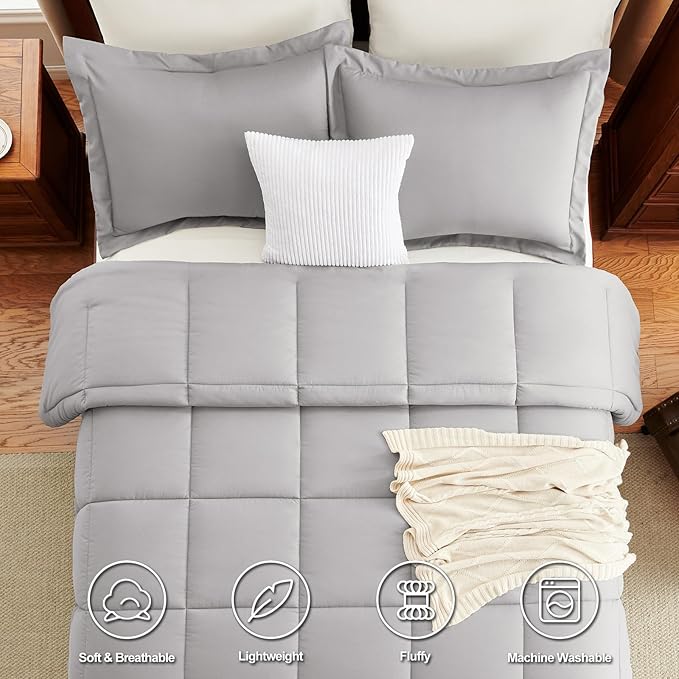CozyLux Full Size Comforter Sets - French Grey Comforter Full Size, 3 Pieces Box Stitched Bed Set for All Seasons, Soft Lightweight Bedding Sets with 1 Down Alternative Comforter and 2 Pillow Shams