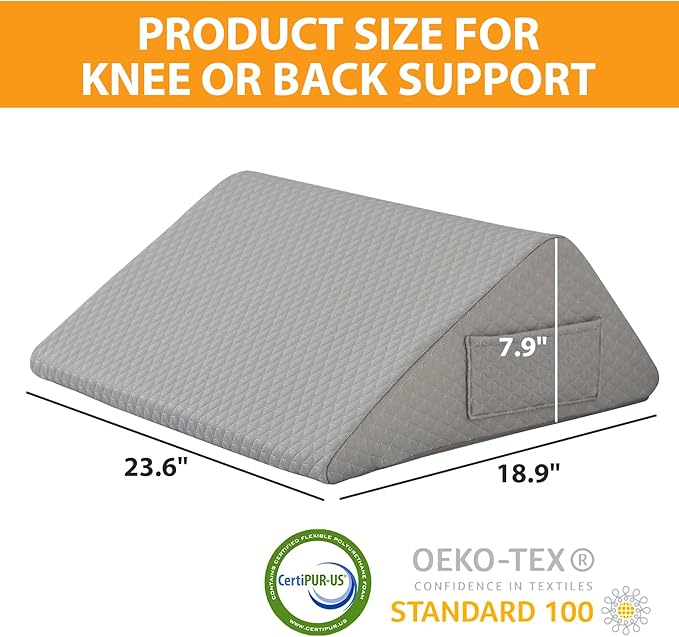 Ruqmuis Knee Pillow for Back Sleeping, 8” Knee Wedge Pillow to Elevate Knee, Leg Pillow for Back Pain Relief, Triangle Pillow, Leg Elevation Pillows for After Surgery, Blood Circulation, Grey