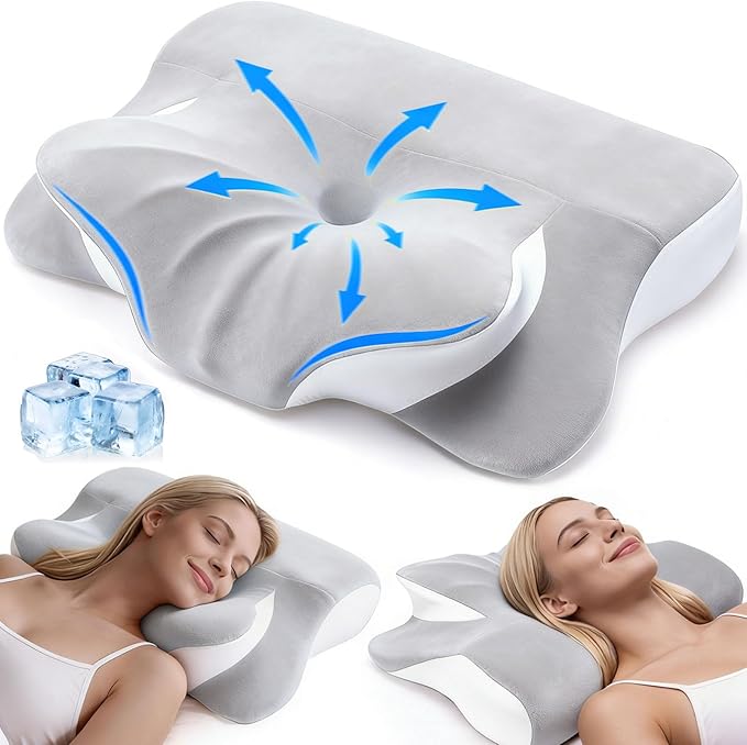 Cervical Neck Pillow for Back Side Sleepers, Memory Foam Double-Side Ergonomic Contoured Pillows with Cooling Pillowcase, Mellow Sleep Pillows for Sleeping, Pillow for Neck and Shoulder