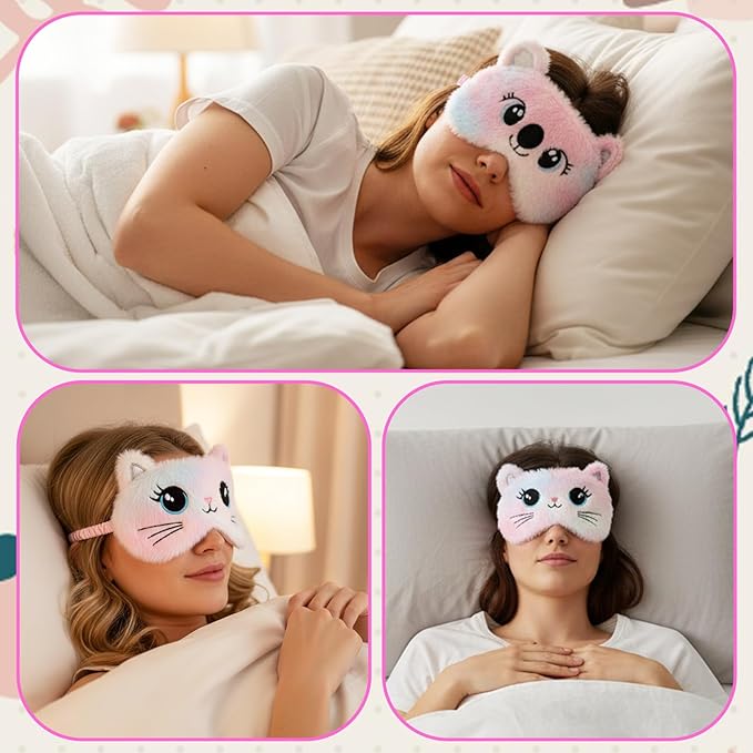 Kids Sleeping Mask, 2 Pcs Cute Plush Cat Sleep Mask for Kids Soft Comfortable Colorful Night Eye Masks Funny Animal Blindfold Eye Cover for Women Home Travel Nap (Cat, Koala)