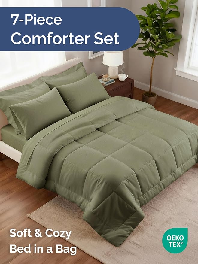 King Comforter Set - 7 Piece Bed in a Bag King Size Bed Set - Down Alternative Comforter, Flat Sheet, Fitted Sheet, Pillowcase & Shams for All Seasons - Ultra Soft, Comfy and Breathable - Sage Green