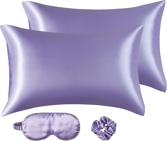 Purple Satin Pillowcase for Hair and Skin, Super Soft Vegan Silk Sleep Set-2 Satin Pillow Cases Standard Size, 1 Eye Mask, 1 Scrunchie, Self Care Essential Satin Night Routine Kit