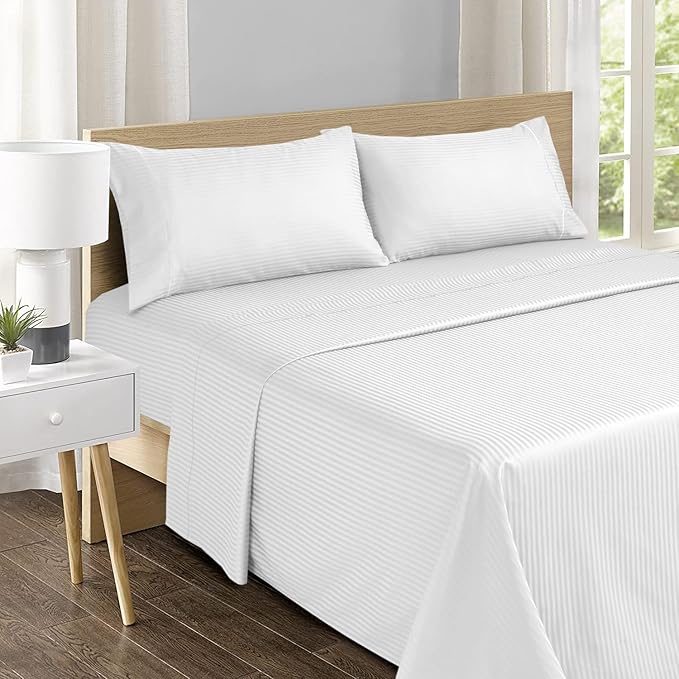Feather & Stitch 500 TC Queen Size Damask Bed Sheet Set, 100% Cotton Soft Breathable Bedsheets, 4 Piece 18" Deep Pockets Sateen Weave Striped Bedding Mattress Resort Hotel- (White Stripe)