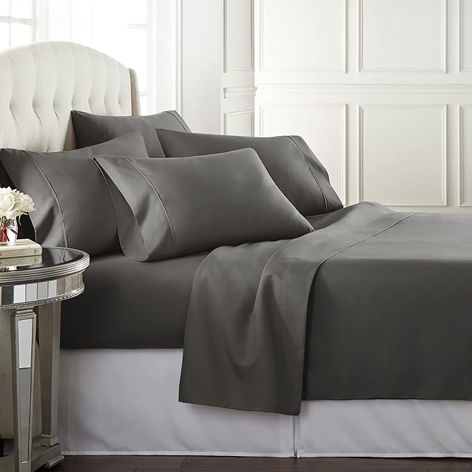 Danjor Linens Bed Sheet Set Cal King for Hot Sleepers, Hotel Premium Sheets with 4 Pillowcases, Lightweight Brushed Microfiber Deep Pockets, Breathable Cooling 6 Piece Bedding Sets, Gray