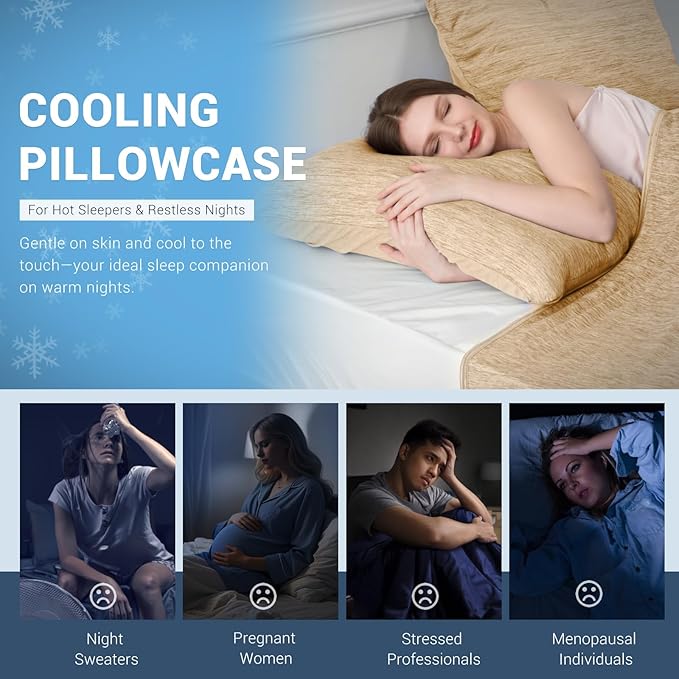 Elegear Cooling Pillow Cases for Hot Sleepers, Japanese Q-Max 0.5 Cooling Pillowcases, Both Sides(Cooling/Cotton), Breathable Soft Pillowcase for Hair and Skin, Set of 2-Beige (Queen (20'' x 30''))