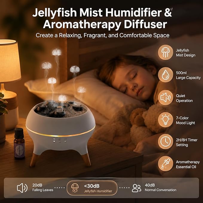 Mushroom Cloud Humidifier, Aromatherapy Essential Oil Diffuser with Sound-Activated Mode, 7-Smoke Modes Jelly Fog & Color LED, Large Water Tank with Auto-Shutoff, for Home Bedroom Office
