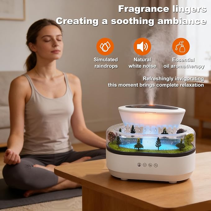 Essential Oil Diffusers, 7-Color Rainfall Cloud Diffuser, Silent Rain Lamp Timer Diffusers with Music and Micro Landscape Ultrasonic,Water Drip Sound Diffusers for Bedrooms, Offices, and Hotels