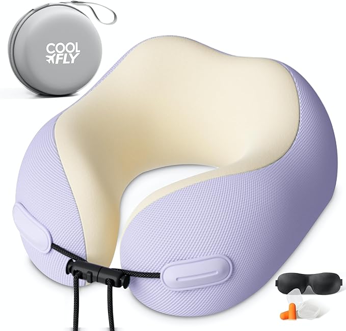 Cool Fly - Cool Colors Travel Neck Pillow Set. Cool Bright Fashion Pastel Colors. Luxury Memory Foam Airplane Adjustable Pillow. Cooling Silky Breathable Cover with Bonus Sleep mask, Purple-Beige