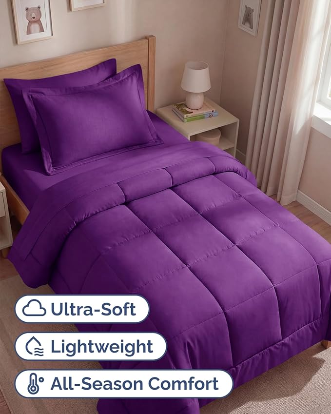 Twin Comforter Set - 5 Piece Bed in a Bag Twin Size Bed Set - Down Alternative Comforter, Flat Sheet, Fitted Sheet, Pillowcase & Sham for All Seasons - Ultra Soft, Cozy, Comfy & Breathable - Purple