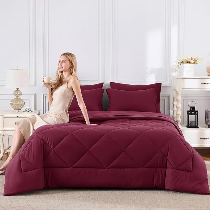 CozyLux Oversized King Comforter Set Burgundy - 7 Pieces Bed in a Bag Comforter Set with Sheets, Luxury Soft Bed Set, Bedding Set with Down Alternative Comforter, Sheets, Pillowcases & Shams, Red