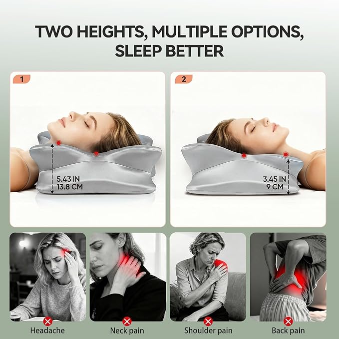 2-Pack Cervical Neck Pillow for Neck Pain Relief,Ergonomic Memory Foam Contour Pillow with Wrinkle-Resistant Silky Satin Fabric Cover,Orthopedic Bed Pillow for Side,Back,Stomach Sleepers,Gray