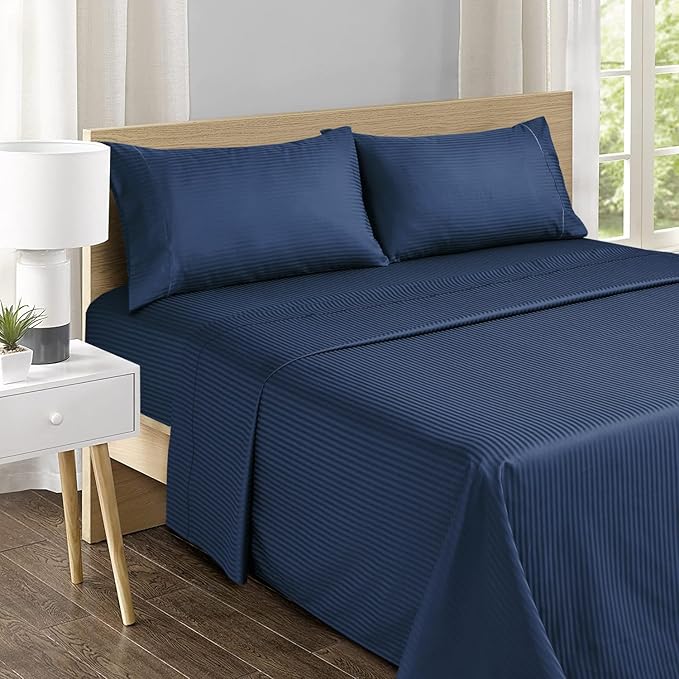 Feather & Stitch 500 TC King Size Damask Bed Sheet Set, 100% Cotton Soft Breathable Bedsheets, 4 Piece 18" Deep Pockets Sateen Weave Striped Bedding Mattress Resort Hotel - (Dark Blue Stripe)