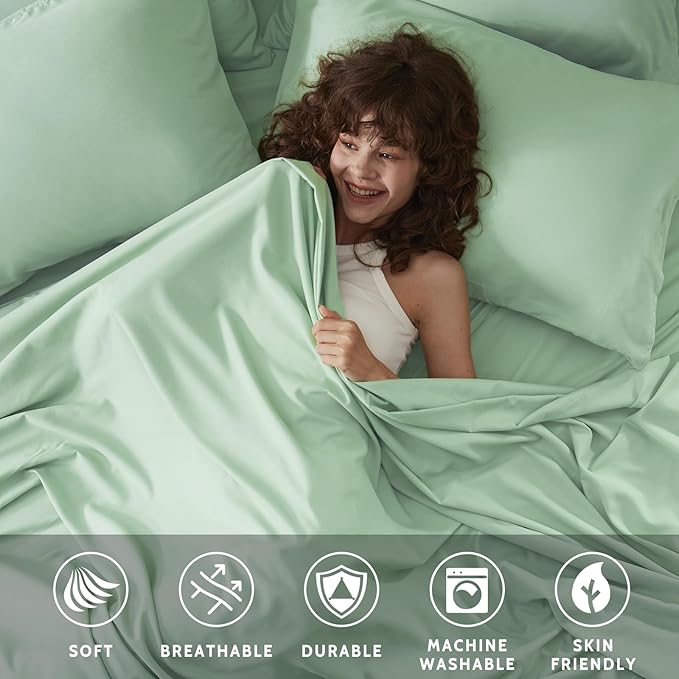 Twin Sheets Set - 4 Piece Soft Microfiber and Wrinkle Free Sheets - Easy Care, Extra Soft, Cooling Sheets - 1 Deep Pocket Fitted Sheet 1 Flat Sheet and 2 Pillowcases (Twin Sage Green)
