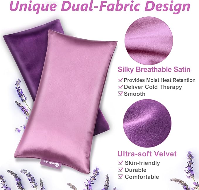 RelaxCoo Lavender Eye Pillow for Relaxation, Yoga, Sleeping, Weighted Eye Mask Heated for Headache, Sinus, Dry Eyes Relief, Moist Heat Eye Compress, Meditation Accessories with Aromatherapy, Pack of 2
